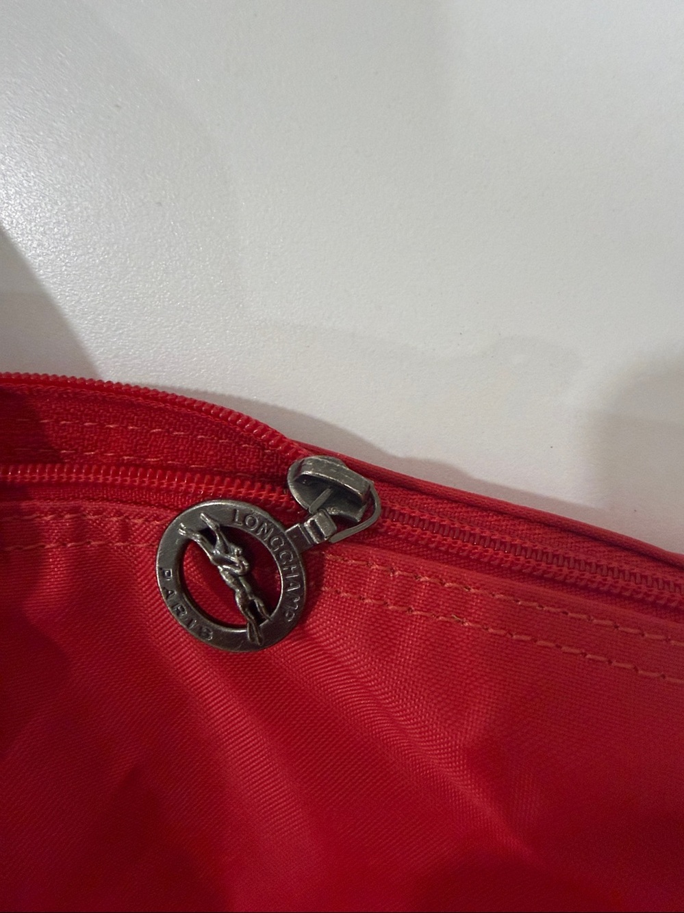 Longchamp Le Pliage Red Nylon Tote Bag with Brown Leather Trim Handle - Picture 12 of 13